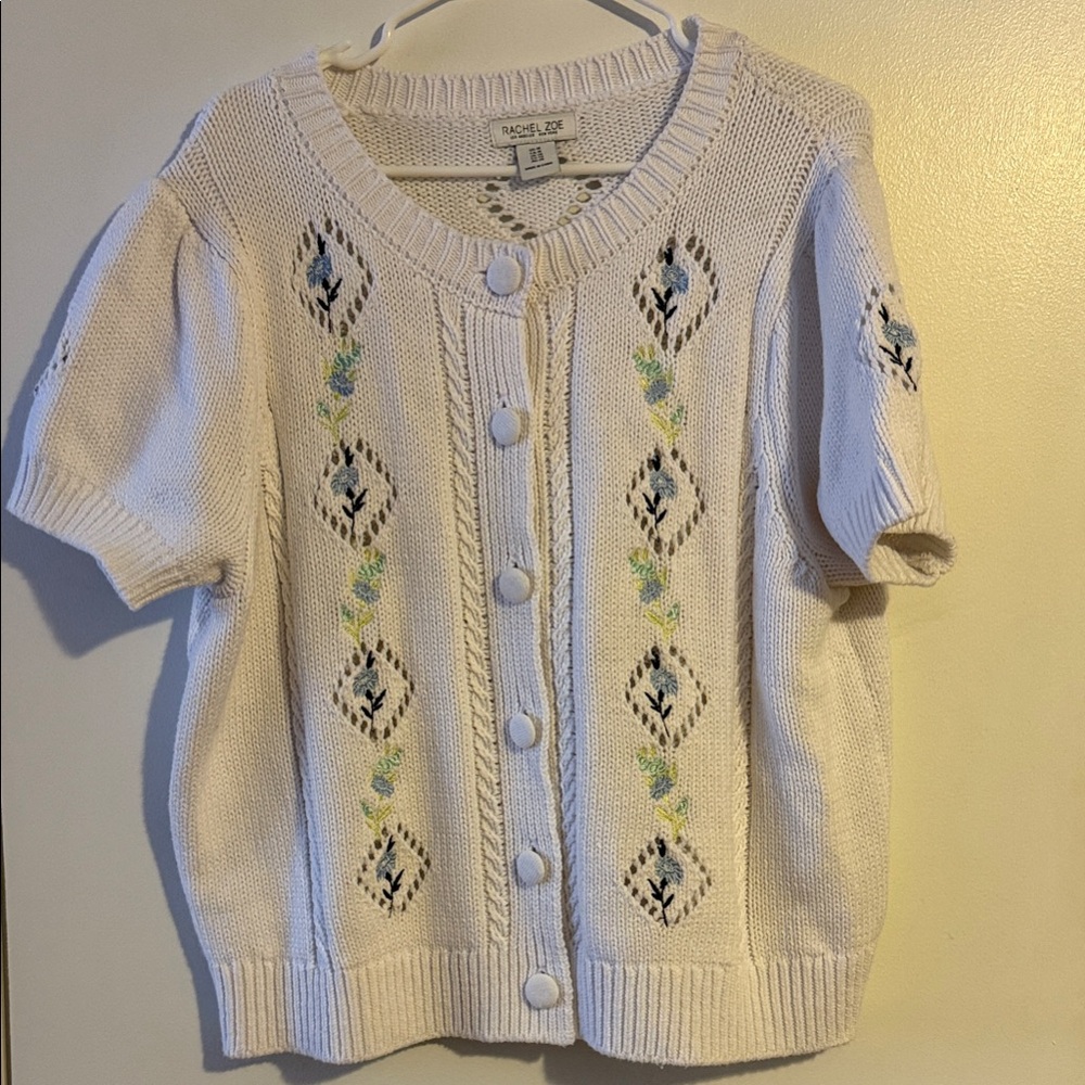 Rachel Zoe White Knit Cardigan with Floral Embroidery